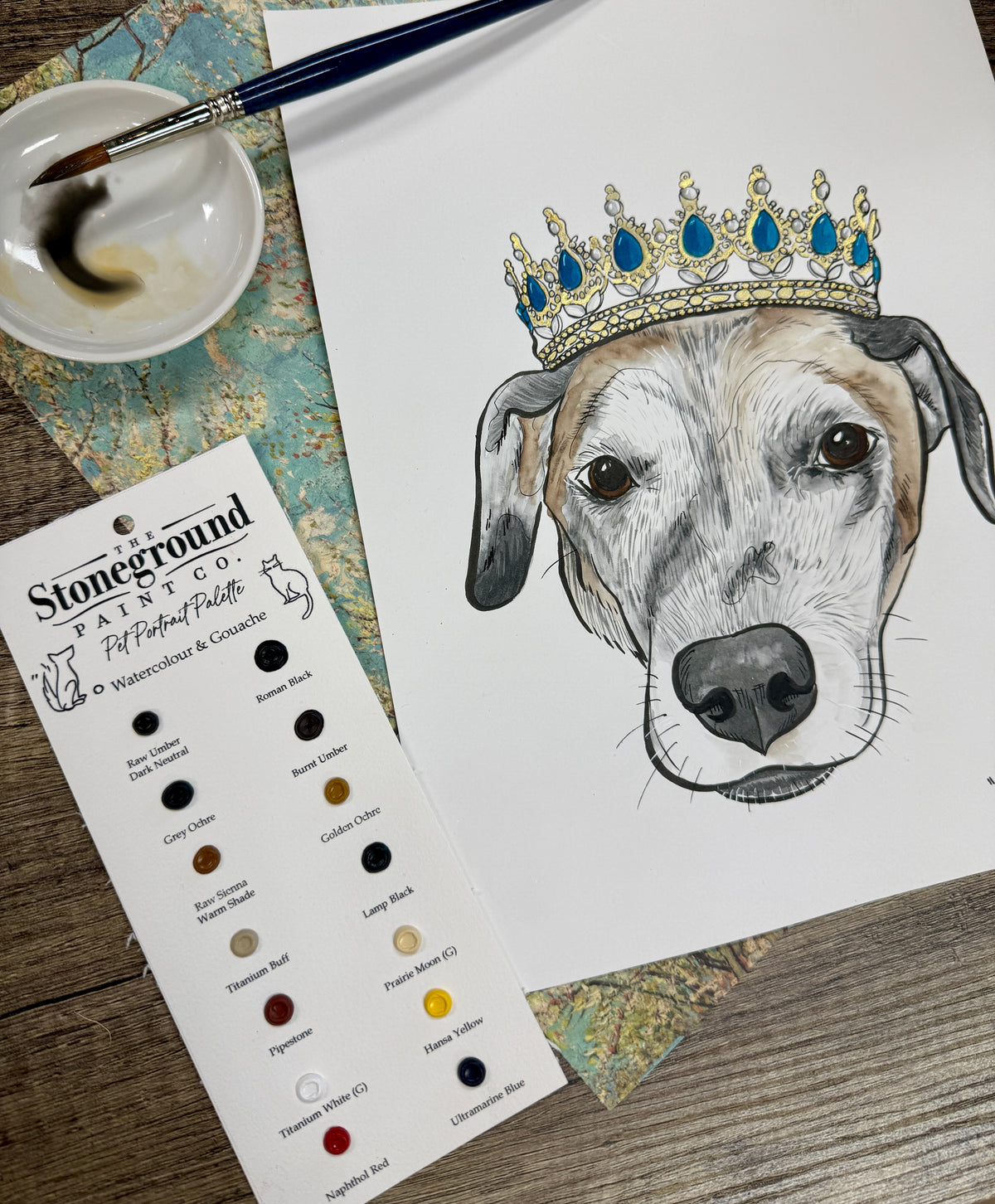 Pet Portrait - WC & Gouache ~14 Dot Card